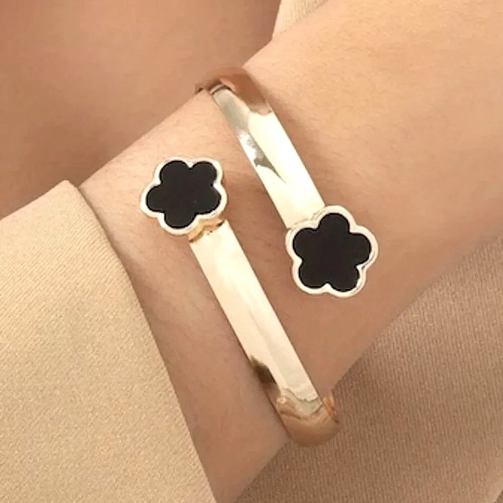Gold-Tone Black Clover Motif  adjustable Cuff Bracelet for Women